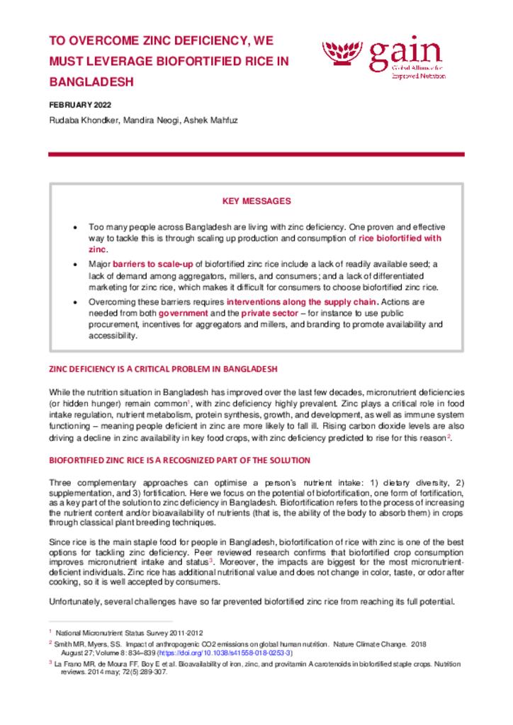 To overcome Zinc deficiency we must leverage biofortified rice in Bangladesh