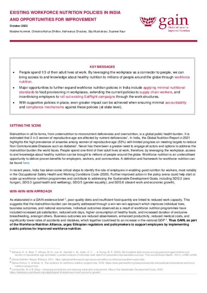 Existing workforce nutrition policies in India and opportunities for improvement