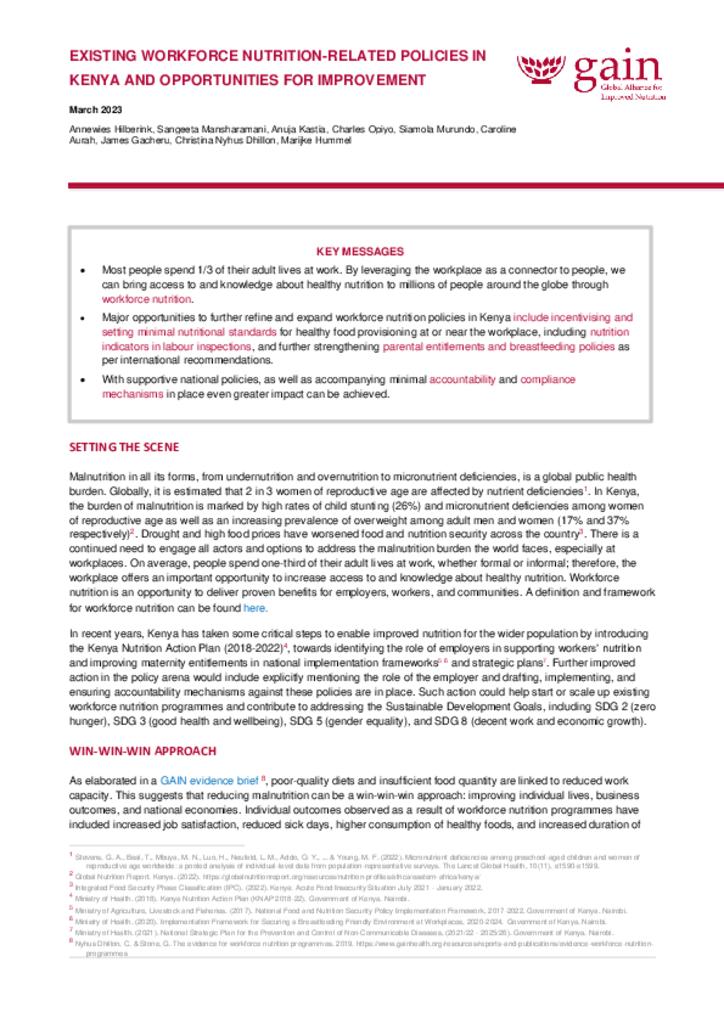 Existing Workforce nutrition-related policies in Kenya and opportunities for improvement